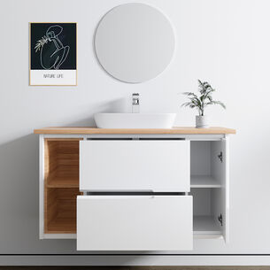 ארון אמבטיה תלוי רוחב 80, 100 ס"מ בעומק 46 ס"מ צבע לבן מט לבחירתך עם משטח עץ מלא להנחת כיור מונח דגם מון W