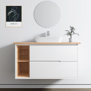 ארון אמבטיה תלוי רוחב 100 ס"מ בעומק 46 ס"מ צבע לבן מט עם משטח עץ מלא להנחת כיור מונח דגם אתונה W