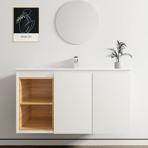 ארון אמבטיה תלוי לפי מידה רוחב עומק וצבע לפי בחירתך עם כיור משטח חרס שקוע דגם רותין W