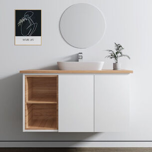 ארון אמבטיה תלוי לפי מידה רוחב עומק וצבע לפי בחירתך עם משטח עץ מלא להנחת כיור מונח דגם הבאנא W