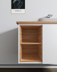 ארון אמבטיה תלוי לפי מידה רוחב עומק וצבע לפי בחירתך עם משטח עץ מלא להנחת כיור מונח דגם הבאנא W