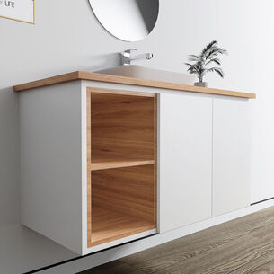 ארון אמבטיה תלוי לפי מידה רוחב עומק וצבע לפי בחירתך עם משטח עץ מלא להנחת כיור מונח דגם הבאנא W