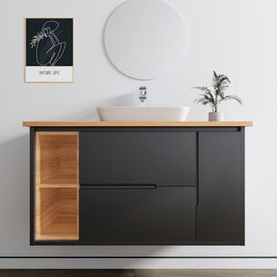 ארון אמבטיה תלוי לפי מידה רוחב עומק וצבע לפי בחירתך עם משטח עץ מלא להנחת כיור מונח דגם מון B