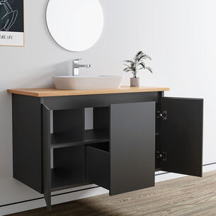 ארון אמבטיה תלוי לפי מידה רוחב עומק וצבע לפי בחירתך עם משטח עץ מלא להנחת כיור מונח דגם סופיה B