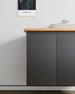 ארון אמבטיה תלוי לפי מידה רוחב עומק וצבע לפי בחירתך עם משטח עץ מלא להנחת כיור מונח דגם סופיה B