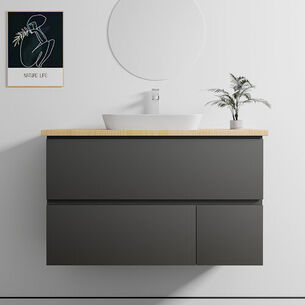 ארון אמבטיה תלוי לפי מידה רוחב עומק וצבע לפי בחירתך עם משטח עץ מלא להנחת כיור מונח דגם סוהו B