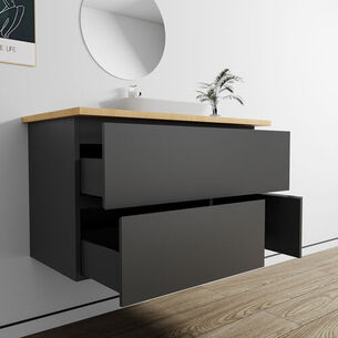 ארון אמבטיה תלוי לפי מידה רוחב עומק וצבע לפי בחירתך עם משטח עץ מלא להנחת כיור מונח דגם סוהו B