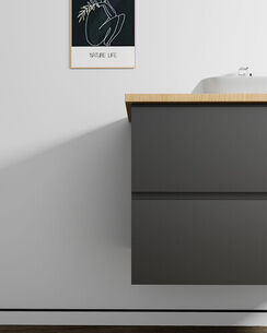 ארון אמבטיה תלוי לפי מידה רוחב עומק וצבע לפי בחירתך עם משטח עץ מלא להנחת כיור מונח דגם סוהו B