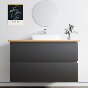 ארון אמבטיה תלוי לפי מידה רוחב עומק וצבע לפי בחירתך עם משטח עץ מלא להנחת כיור מונח דגם תלמה B