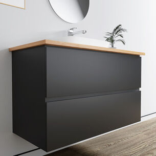 ארון אמבטיה תלוי לפי מידה רוחב עומק וצבע לפי בחירתך עם משטח עץ מלא להנחת כיור מונח דגם תלמה B