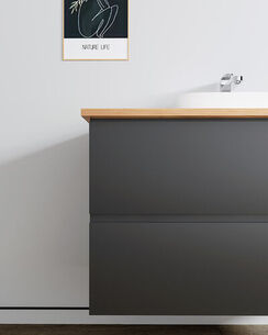 ארון אמבטיה תלוי לפי מידה רוחב עומק וצבע לפי בחירתך עם משטח עץ מלא להנחת כיור מונח דגם תלמה B