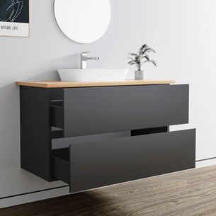 ארון אמבטיה תלוי לפי מידה רוחב עומק וצבע לפי בחירתך עם משטח עץ מלא להנחת כיור מונח דגם תלמה B