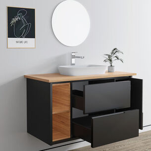 ארון אמבטיה תלוי לפי מידה רוחב עומק וצבע לפי בחירתך עם משטח עץ מלא להנחת כיור מונח דגם מון B