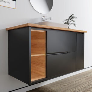 ארון אמבטיה תלוי לפי מידה רוחב עומק וצבע לפי בחירתך עם משטח עץ מלא להנחת כיור מונח דגם מון B