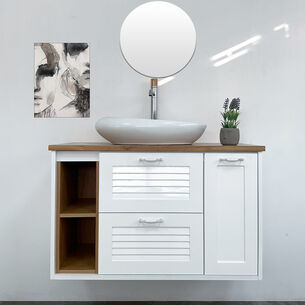 ארון אמבטיה תלוי לפי מידה רוחב עומק וצבע לפי בחירתך עם משטח עץ מלא להנחת כיור מונח דגם ברזיל