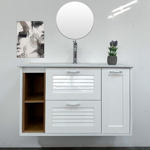 ארון אמבטיה תלוי לפי מידה רוחב וצבע לפי בחירתך עם כיור משטח חרס שקוע דגם ג'ורג'