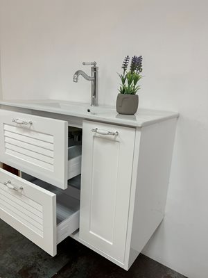 ארון אמבטיה תלוי לפי מידה רוחב וצבע לפי בחירתך עם כיור משטח חרס שקוע דגם ג'ורג'