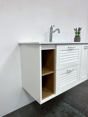 ארון אמבטיה תלוי לפי מידה רוחב וצבע לפי בחירתך עם כיור משטח חרס שקוע דגם ג'ורג'