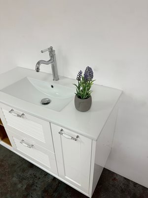 ארון אמבטיה תלוי לפי מידה רוחב וצבע לפי בחירתך עם כיור משטח חרס שקוע דגם ג'ורג'