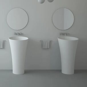 כיור רחצה חרס עומד מעוגל רצפתי קוטר מלמעלה 42 ס"מ וקוטר מלמטה 16 ס"מ גובה 95 ס"מ לבן מבריק ללא חור לברז דגם באטון