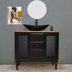 ארון אמבטיה עומד לפי מידה רוחב עומק וצבע לפי בחירתך עם משטח עץ מלא להנחת כיור מונח דגם הוארי