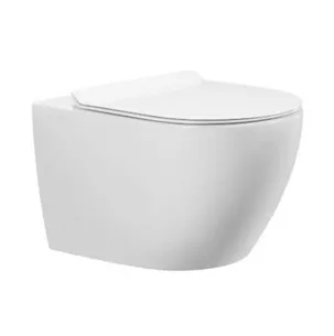 אסלה תלויה מעוגלת אורך 53.5 ס"מ לבן מבריק שטיפת רימליס כוללת מושב קשיח טריקה שקטה נשלף דגם ליסבון