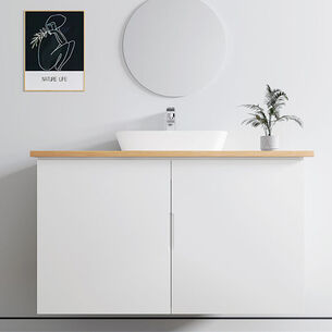 ארון אמבטיה תלוי רוחב 60, 80, 100 ס"מ בעומק 46 ס"מ צבע לבן או שחור מט לבחירתך עם משטח עץ מלא להנחת כיור מונח דגם יוון W