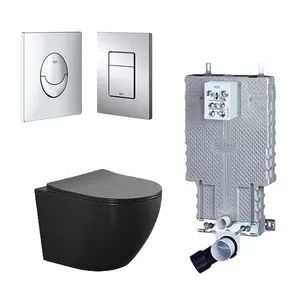 סט מיכל הדחה סמוי GROHEגרואה רגיל מתאים לקירות בלוקים ו/או בטון + לחצן לבחירתכם + אסלה תלויה מעוגלת Rimless טוקיו שחור מט ומושב טריקה שקטה דגם 152CB