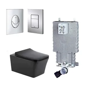 סט מיכל הדחה סמוי GROHE גרואה רגיל מתאים לקירות בלוקים ו/או בטון + לחצן לבחירתכם + אסלה תלויה מלבנית Rimless לונדון שחור מט ומושב טריקה שקטה דגם 151CB