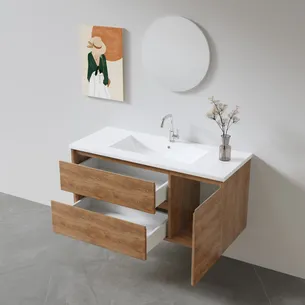 ארון אמבטיה תלוי רוחב 80 ס"מ בעומק 46 ס"מ עשוי מעץ מלא אלון מבוקע עם כיור משטח חרס שקוע דגם רולי