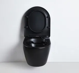 אסלה תלויה מעוגלת אורך 48 ס"מ שחור מט שטיפת רימליס כוללת מושב קשיח טריקה שקטה נשלף דגם מוד