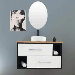 ארון אמבטיה תלוי לפי מידה רוחב עומק וצבע לפי בחירתך עם משטח עץ מלא להנחת כיור מונח דגם שיאון