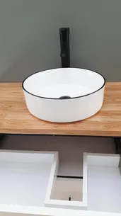 ארון אמבטיה תלוי לפי מידה רוחב עומק וצבע לפי בחירתך עם משטח עץ מלא להנחת כיור מונח דגם שיאון