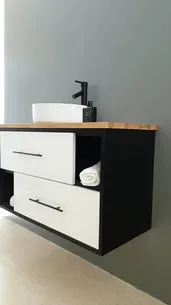 ארון אמבטיה תלוי לפי מידה רוחב עומק וצבע לפי בחירתך עם משטח עץ מלא להנחת כיור מונח דגם שיאון