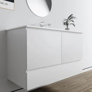 ארון אמבטיה תלוי רוחב 60, 80, 100 ס"מ לבחירתך בעומק 46 ס"מ צבע לבן מט עם כיור משטח חרס שקוע דגם אלבנית