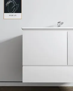 ארון אמבטיה תלוי רוחב 60, 80, 100 ס"מ לבחירתך בעומק 46 ס"מ צבע לבן מט עם כיור משטח חרס שקוע דגם אלבנית