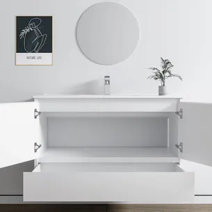 ארון אמבטיה תלוי לפי מידה רוחב עומק וצבע לפי בחירתך עם כיור משטח חרס שקוע דגם אלבנית W