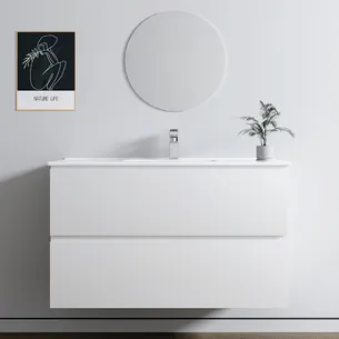 ארון אמבטיה תלוי לפי מידה רוחב עומק וצבע לפי בחירתך עם כיור משטח חרס שקוע דגם פניקס B