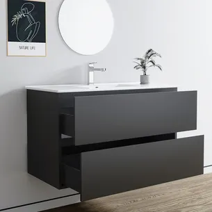 ארון אמבטיה תלוי רוחב 60, 80, 100 ס"מ בעומק 46 ס"מ צבע לבן או שחור מט לבחירתך עם כיור משטח חרס שקוע דגם פניקס W