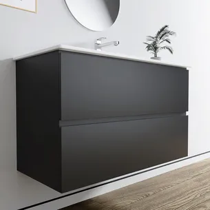 ארון אמבטיה תלוי רוחב 60, 80, 100 ס"מ בעומק 46 ס"מ צבע לבן או שחור מט לבחירתך עם כיור משטח חרס שקוע דגם פניקס W