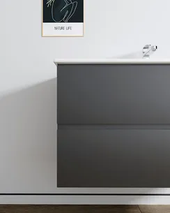 ארון אמבטיה תלוי רוחב 60, 80, 100 ס"מ בעומק 46 ס"מ צבע לבן או שחור מט לבחירתך עם כיור משטח חרס שקוע דגם פניקס W