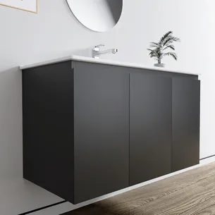 ארון אמבטיה תלוי רוחב 80, 100 ס"מ בעומק 46 ס"מ צבע לבן או שחור מט לבחירתך עם כיור משטח חרס שקוע דגם דובר W