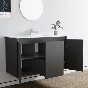 ארון אמבטיה תלוי רוחב 80, 100 ס"מ בעומק 46 ס"מ צבע לבן או שחור מט לבחירתך עם כיור משטח חרס שקוע דגם דובר W