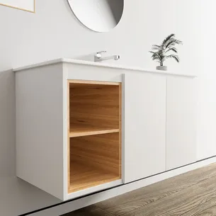 ארון אמבטיה תלוי רוחב 80, 100 ס"מ בעומק 46 ס"מ צבע לבן או שחור מט לבחירתך עם כיור משטח חרס שקוע דגם רותין B