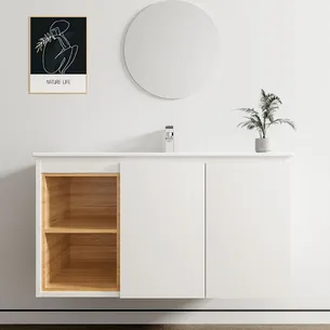 ארון אמבטיה תלוי רוחב 80, 100 ס"מ בעומק 46 ס"מ צבע לבן או שחור מט לבחירתך עם כיור משטח חרס שקוע דגם רותין B