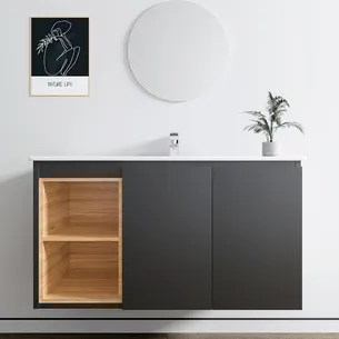 ארון אמבטיה תלוי לפי מידה רוחב עומק וצבע לפי בחירתך עם כיור משטח חרס שקוע דגם רותין W