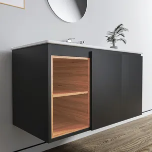 ארון אמבטיה תלוי לפי מידה רוחב עומק וצבע לפי בחירתך עם כיור משטח חרס שקוע דגם רותין W