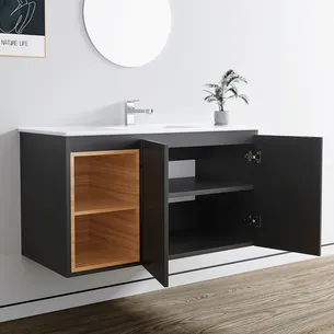 ארון אמבטיה תלוי לפי מידה רוחב עומק וצבע לפי בחירתך עם כיור משטח חרס שקוע דגם רותין W