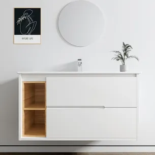 ארון אמבטיה תלוי לפי מידה רוחב עומק וצבע לפי בחירתך עם כיור משטח חרס שקוע דגם יולה