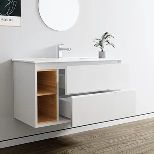 ארון אמבטיה תלוי לפי מידה רוחב עומק וצבע לפי בחירתך עם כיור משטח חרס שקוע דגם יולה